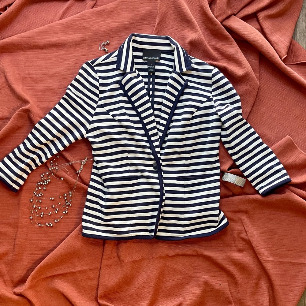 Cynthia Rowley Cotton Navy & White Striped Blazer